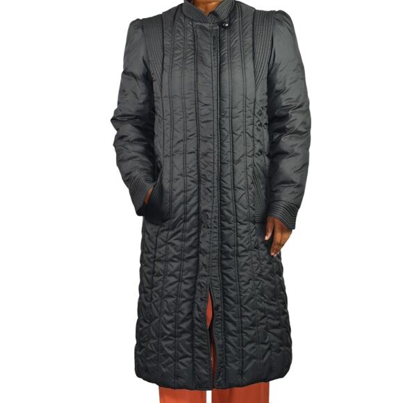 Vintage Quilted Puffer Coat Black Long Midi 80s Winter Insulated Longline Small - Picture 1 of 16